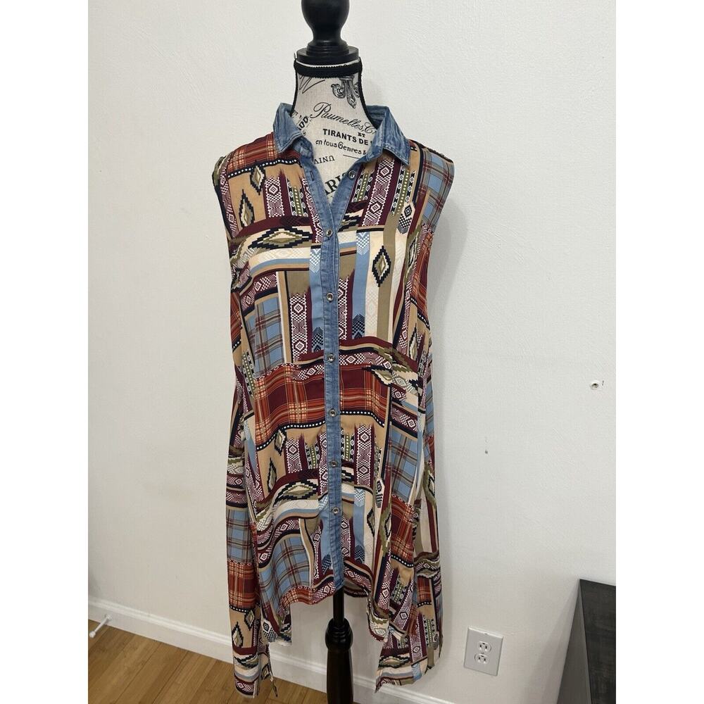 Sleeveless Aztec Print Shirtdress with Denim Trim - Multicolor